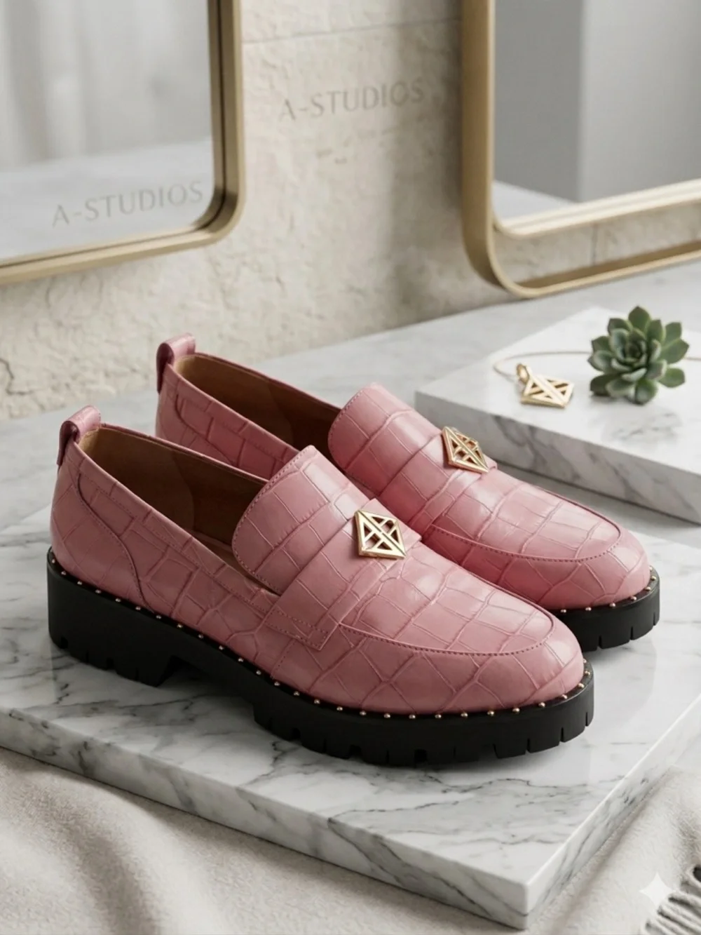 Antonio Melani Pink Croc-Embossed Arrllo Lug Sole Loafers with Gold Accent Sz 9‎